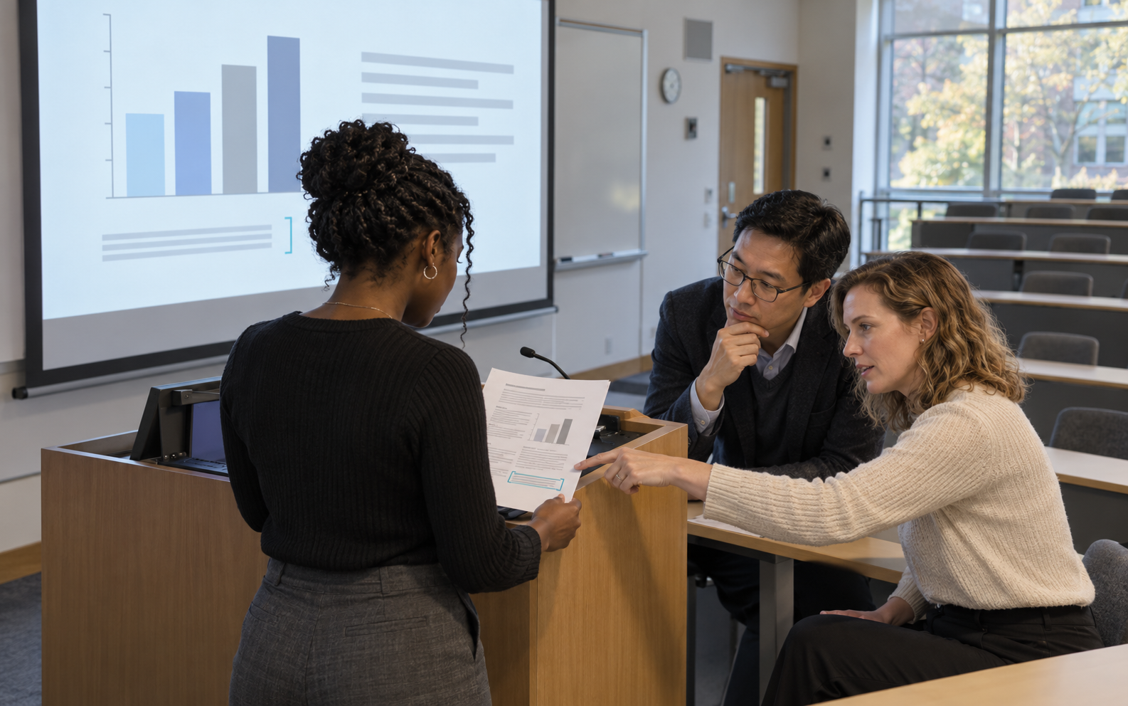 A researcher rehearses at a lectern while a supervisor and peer compare an annotated report passage with a projected chart and context note.