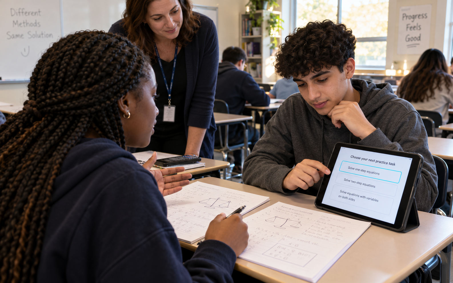 Two students discuss annotated algebra examples while choosing a next practice task on a tablet under a teacher's observation.