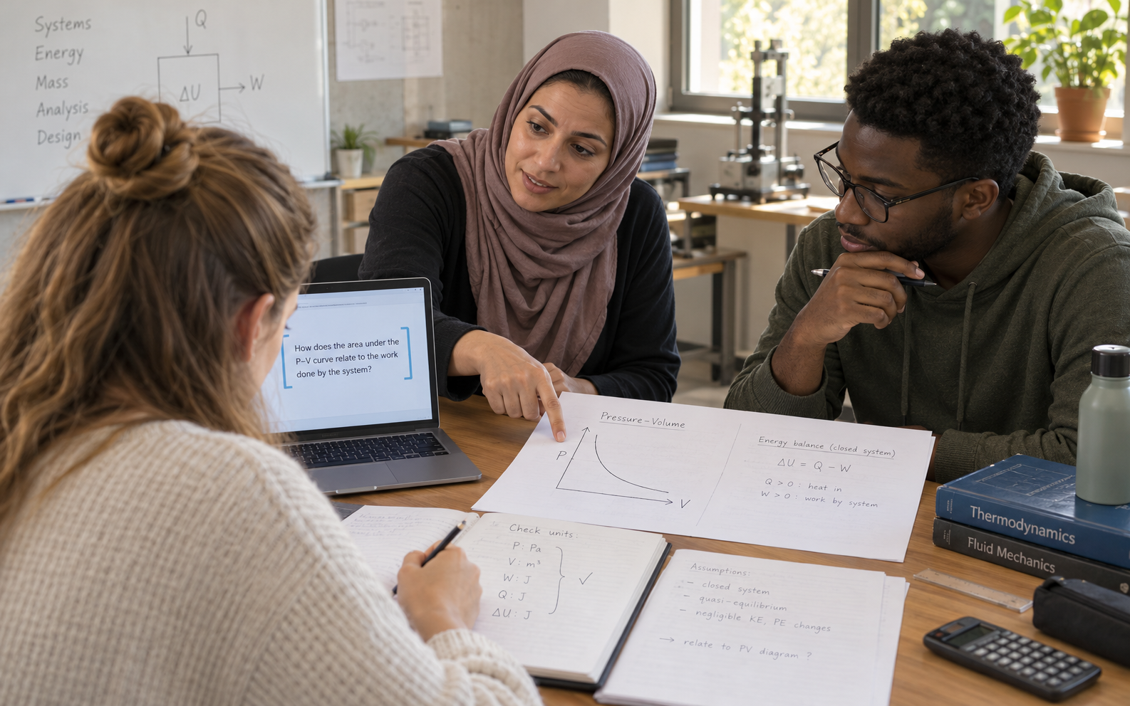 An instructor and two engineering students discuss a pressure-volume curve, an energy-balance sketch and unit checks beside a laptop question prompt.