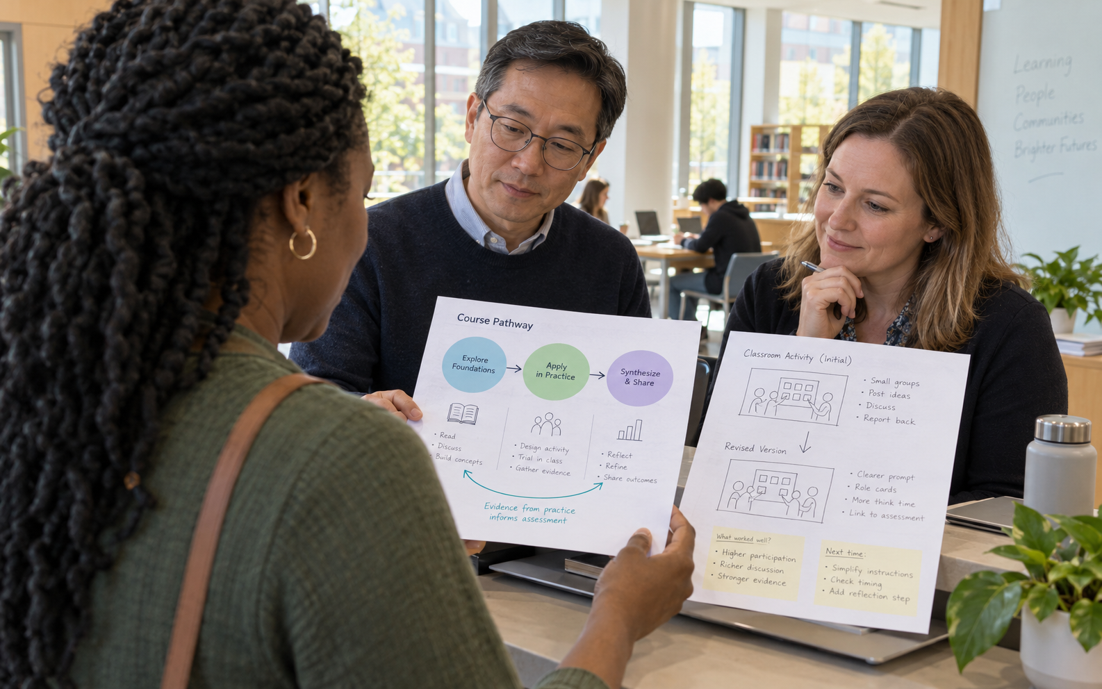 An educator and two advisers compare a course-pathway sheet with an annotated classroom activity and its revised version.
