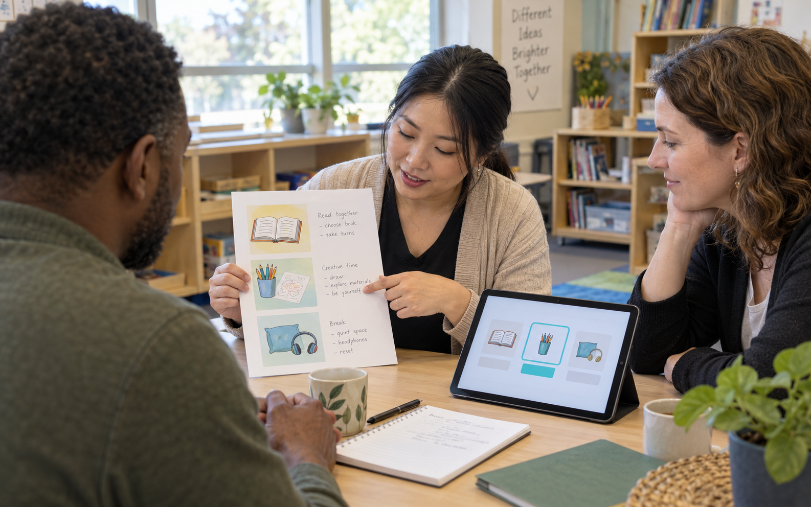 A parent and two educators review an illustrated activity schedule and matching tablet routine options in an inclusive classroom.