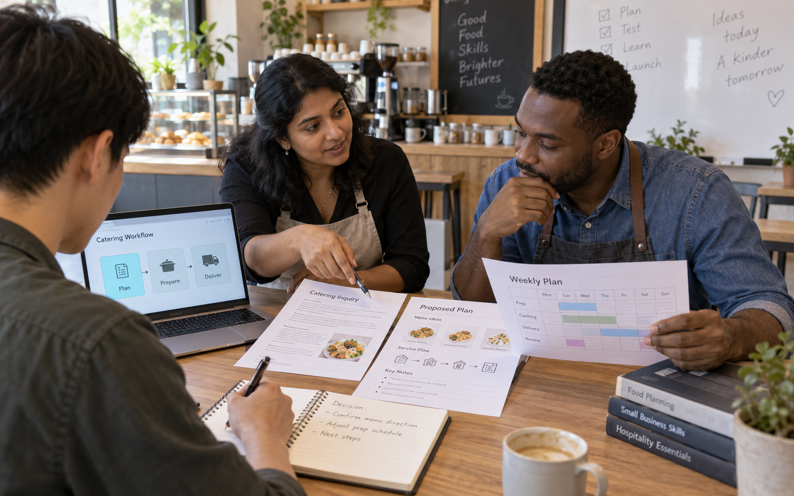 An instructor and two adult learners compare a fictional catering inquiry, proposed menu workflow and weekly plan in a cafe-style training classroom.