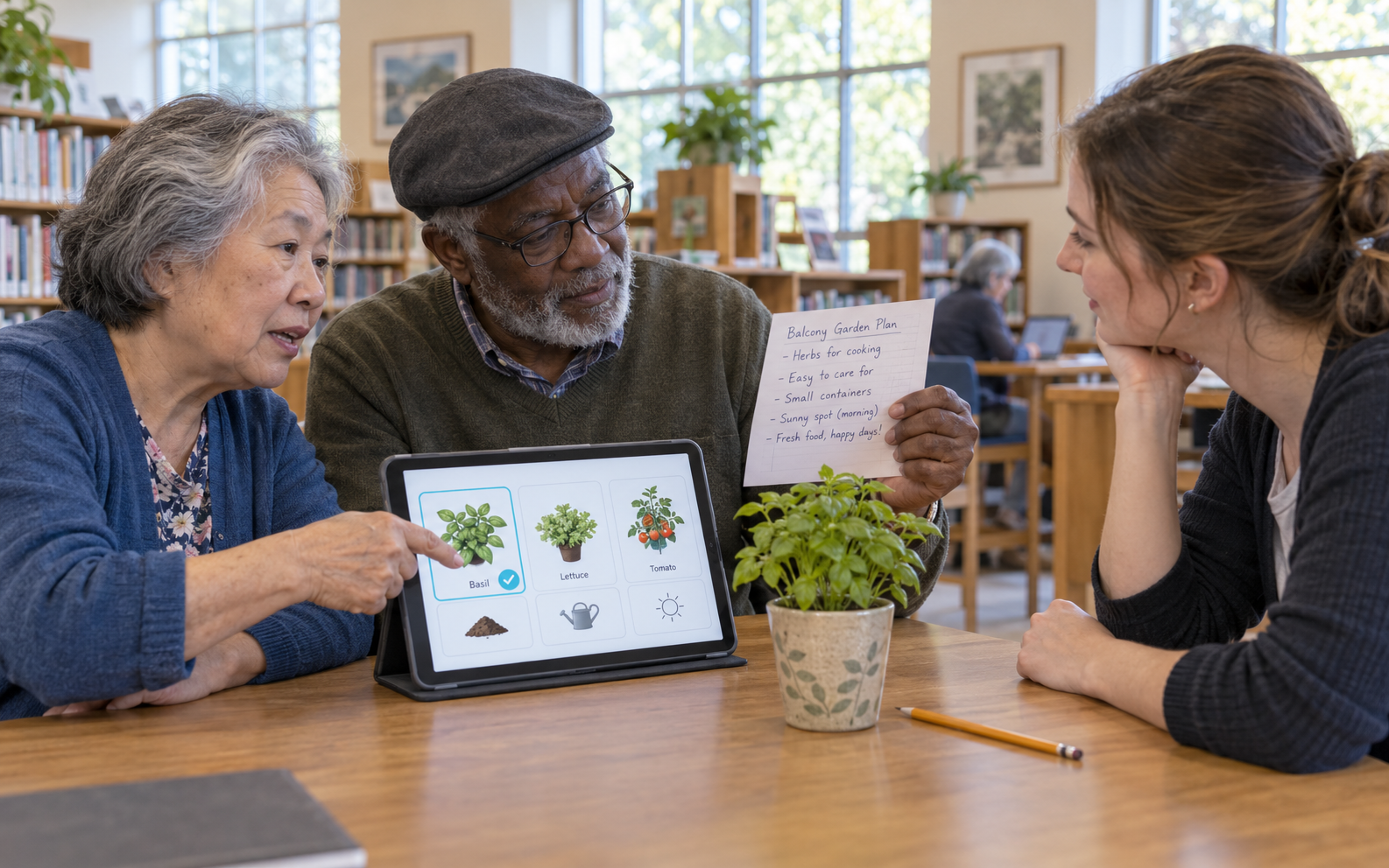 Two older learners explain a balcony-gardening plan and tablet choices to a facilitator during a community-library learning session.