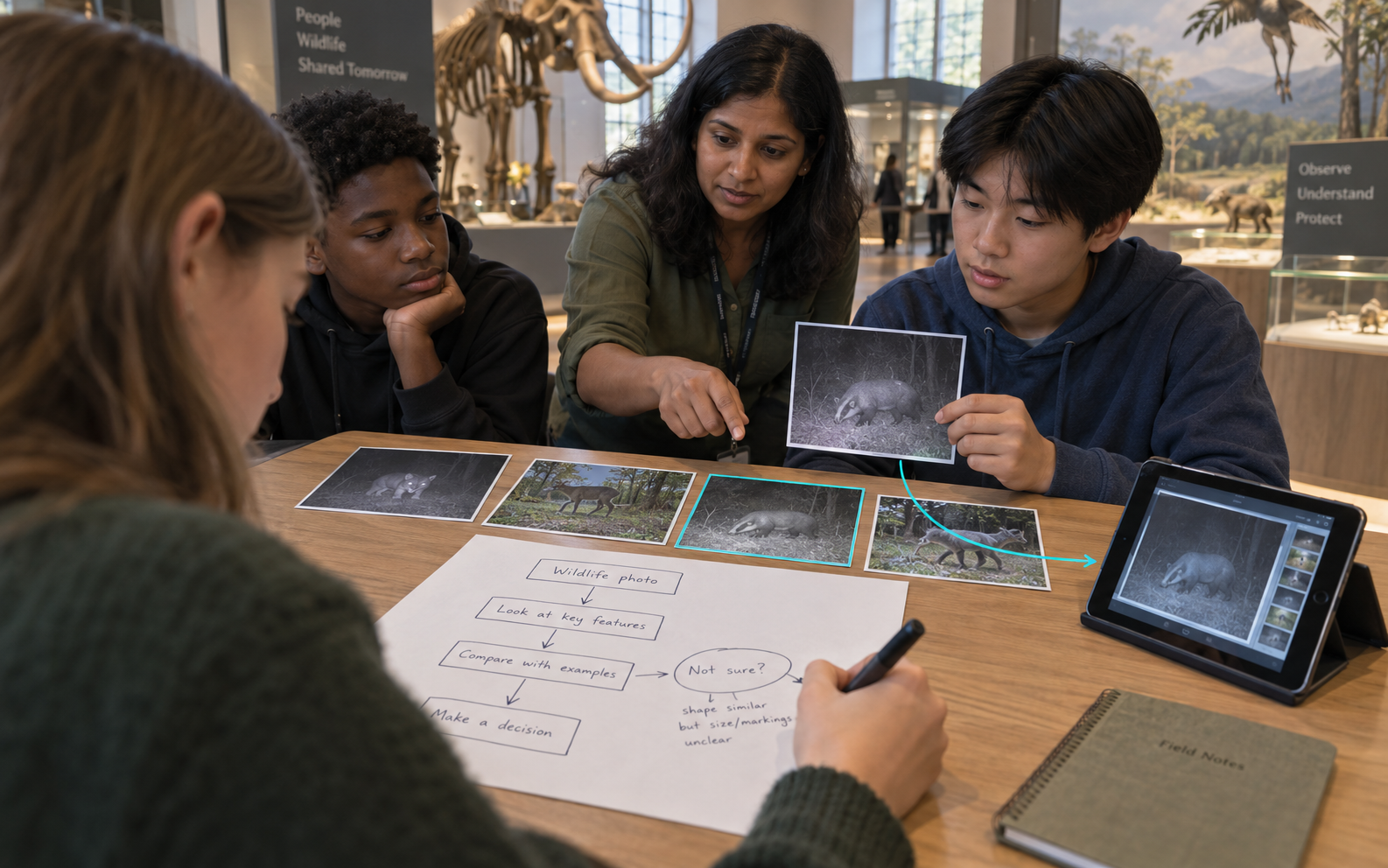Teenagers and a science educator compare wildlife camera photographs and record uncertainty on a simple classification flowchart in a museum learning studio.