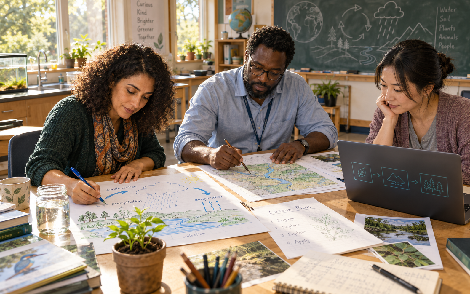 Three teachers revise an environmental science lesson using a water-cycle diagram, a river catchment map and annotated planning sheets in a sunlit classroom