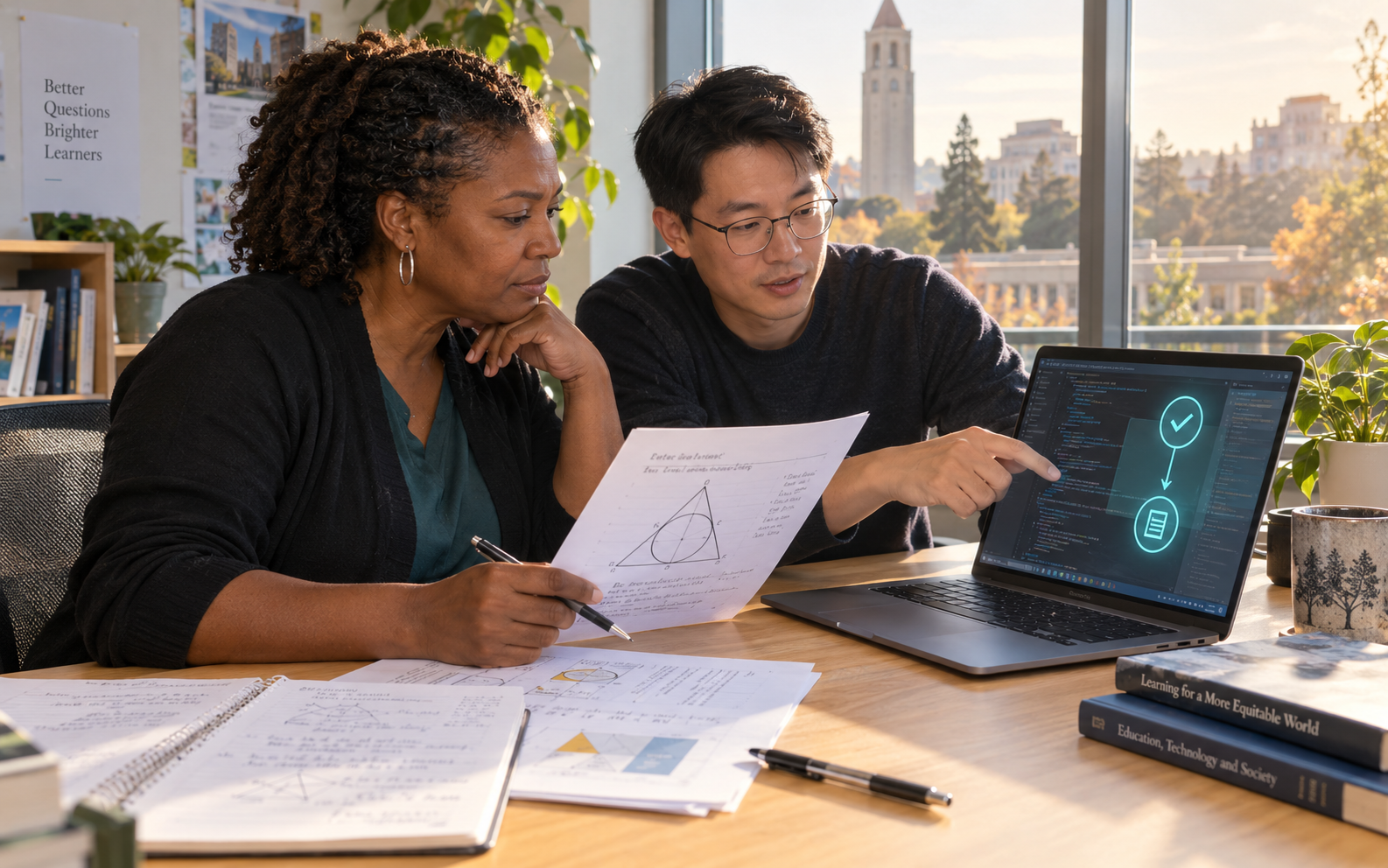 An education researcher and a developer compare an annotated geometry lesson with code and a verification diagram on a laptop in a university studio
