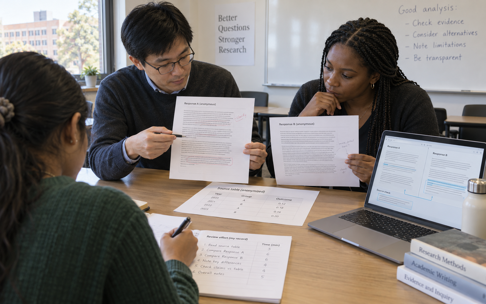 A lecturer and postgraduate compare two anonymous response sheets with a source table while another student records review effort.