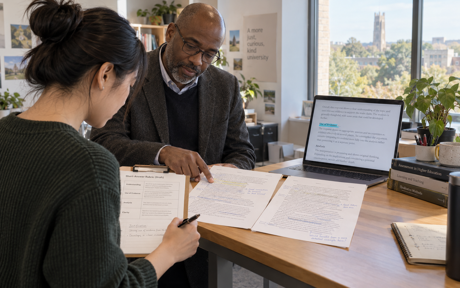 A professor and teaching assistant compare a short-answer rubric, annotated responses and a laptop feedback draft while recording a justification.