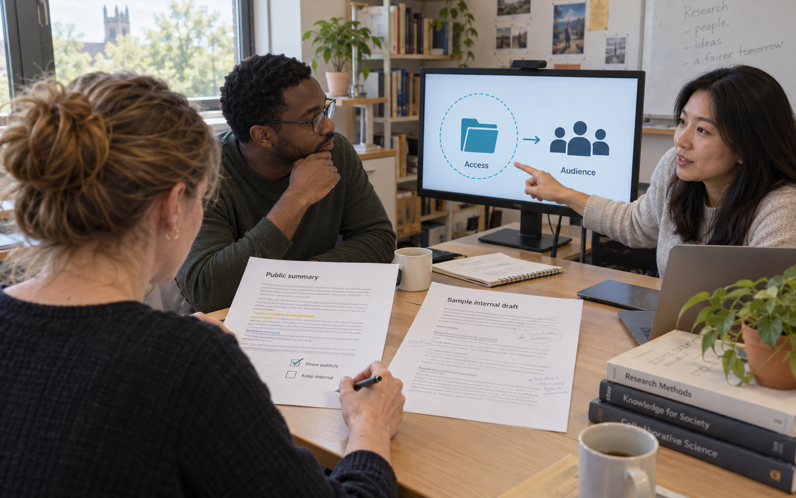 A research team compares a public summary with a sample internal draft while discussing document access and the audience for a shared response.