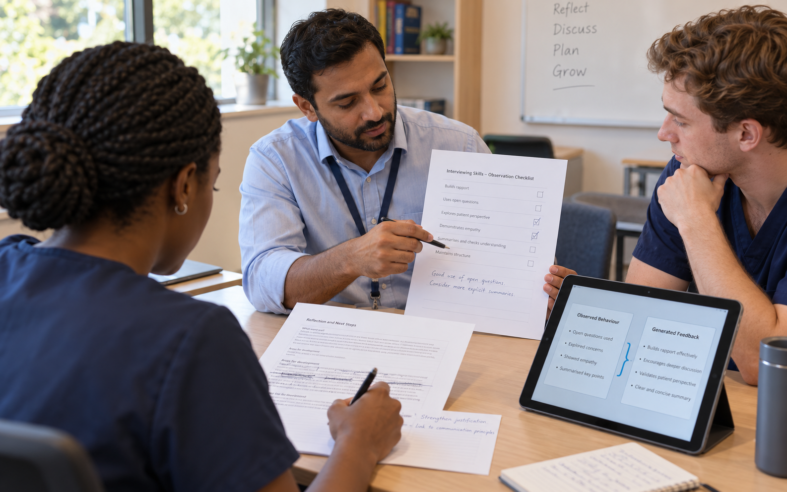 A medical educator and two adult students compare an interviewing observation checklist with generated feedback and an annotated reflection sheet.