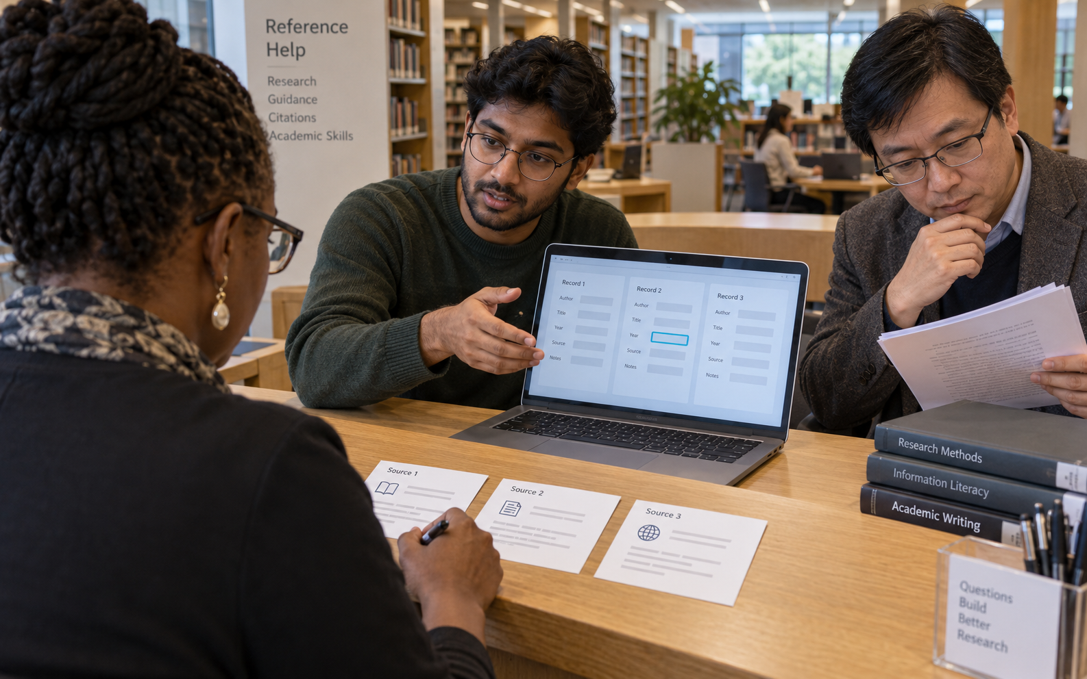 A student developer demonstrates a bibliography-checking prototype while a librarian and lecturer compare three source cards and a reference page.