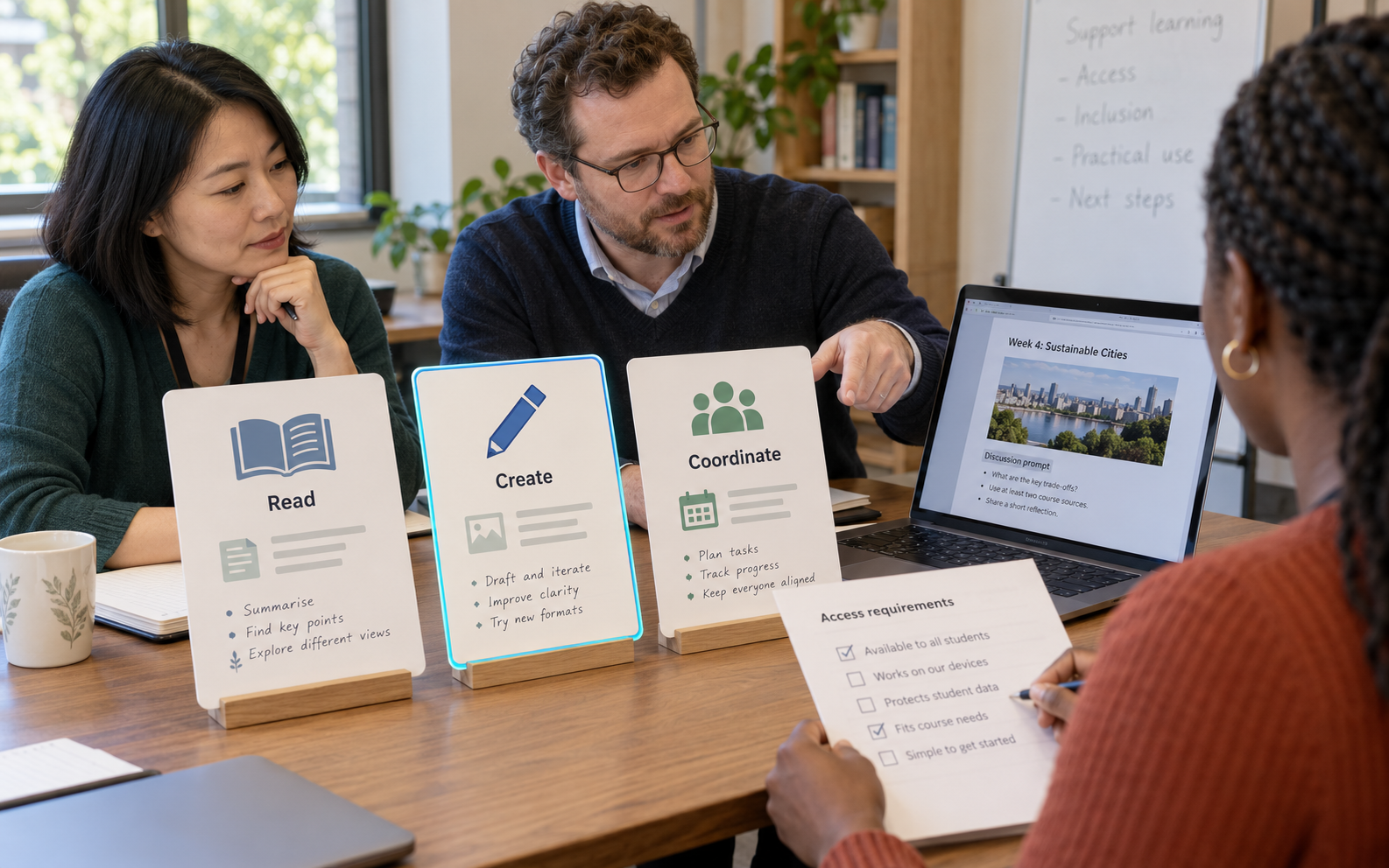 A coordinator, instructor and student representative compare three tool-purpose cards with a course example and an access checklist.
