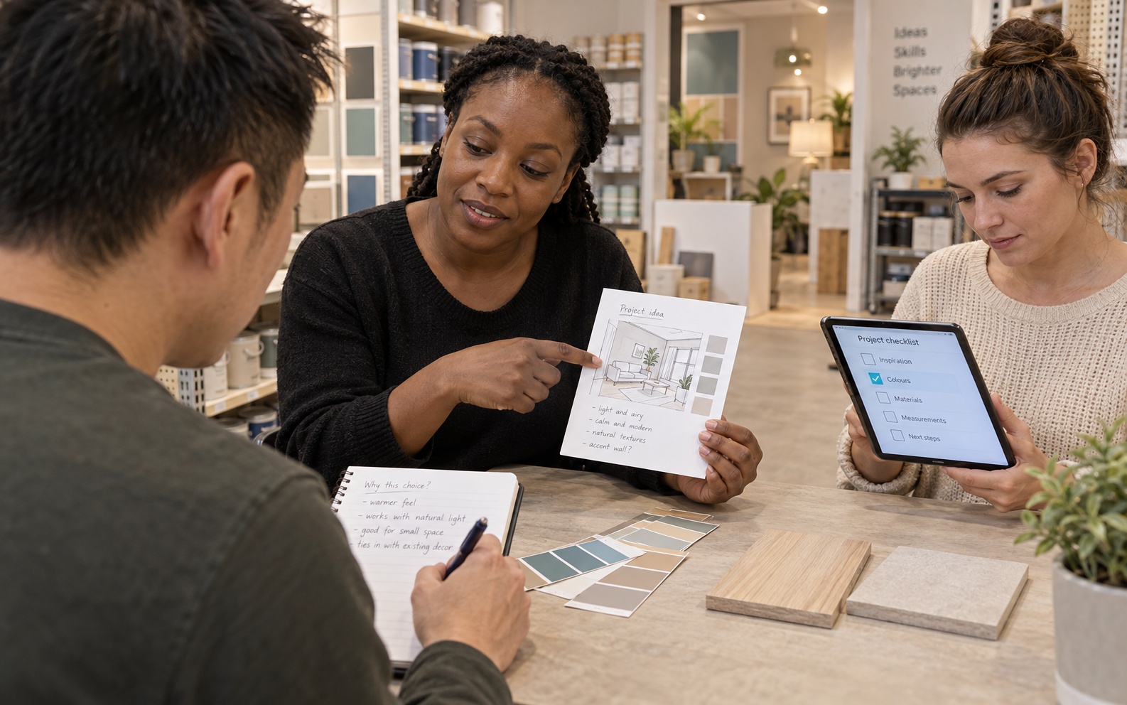 A trainer and two adult learners compare a fictional room project, paint swatches and sample boards with a tablet checklist.