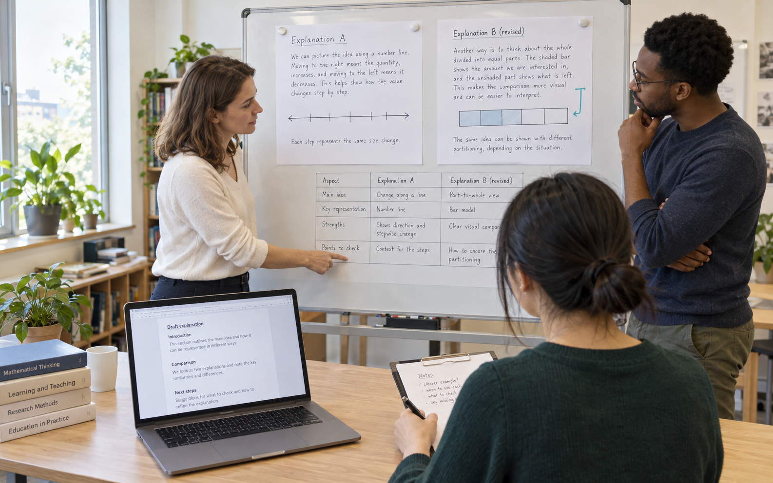 A lecturer, research assistant and postgraduate compare two concept explanations and a table of points to check while recording revision notes.