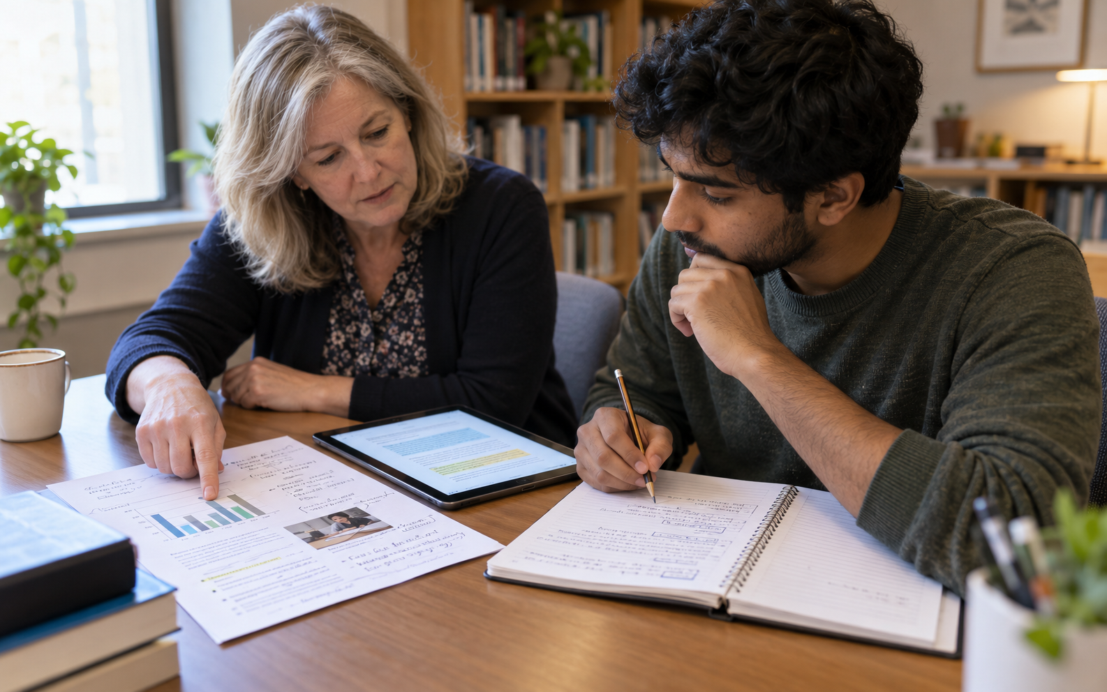 A teacher trainee writes a diagnostic justification while a tutor points to the evidence in a pupil case sheet beside a tablet displaying feedback