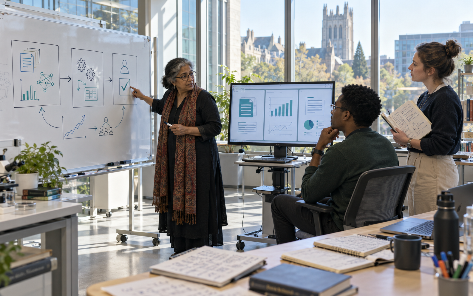 A professor and two researchers discuss a human review checkpoint in a research workflow drawn on a whiteboard beside a monitor in a bright seminar room