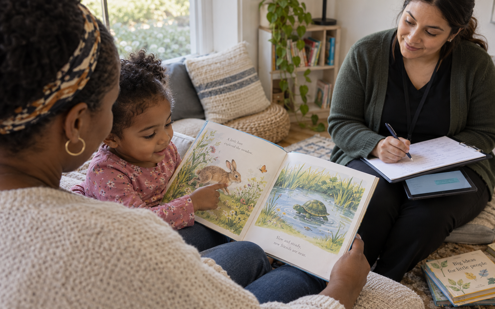 A mother and preschool child share an illustrated storybook while an early-years educator quietly reviews observation notes nearby.