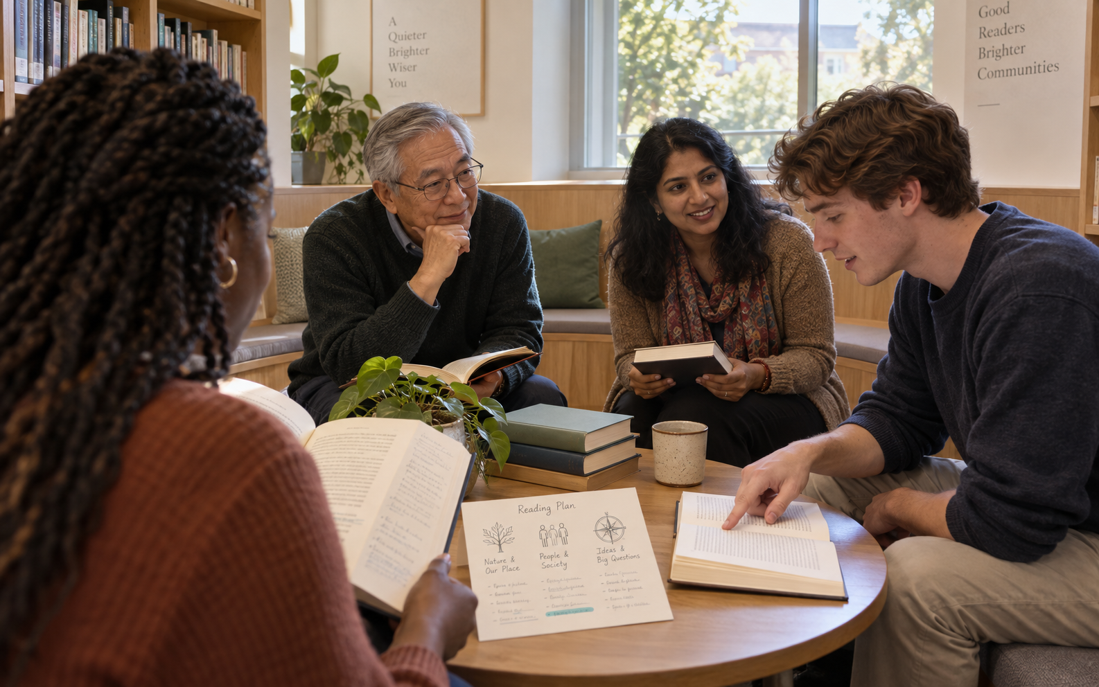 An intergenerational reading circle discusses an annotated reading plan and passages in open books in a library alcove.