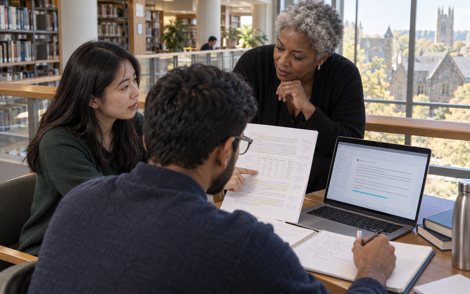 Graduate readers and a supervisor compare an annotated article's results table with a laptop critique while recording evidence checks.