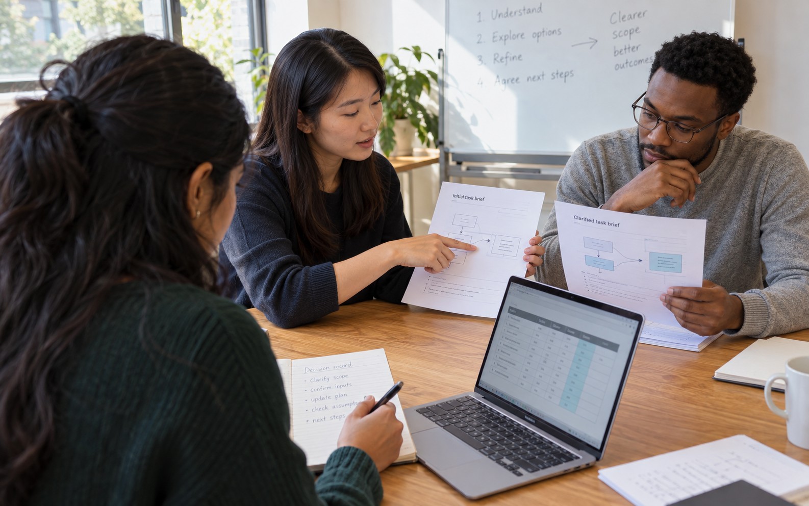 A lecturer and two students compare initial and clarified task briefs while updating a decision record beside a simple data table.