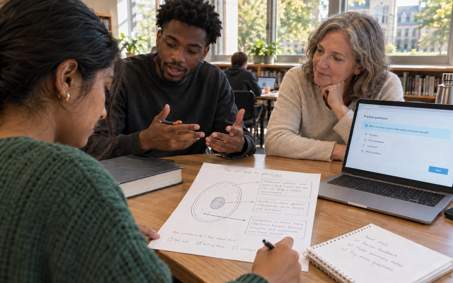 University learners and a tutor discuss a cell worksheet with written reasons and a confidence judgment beside a practice-question interface.