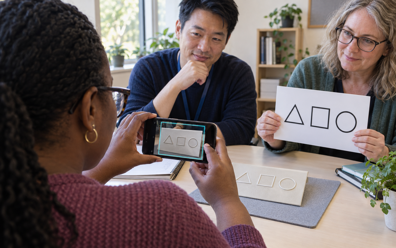 A learner uses a phone to inspect a raised-line geometry card while a specialist and tutor compare it with a matching large-print version.
