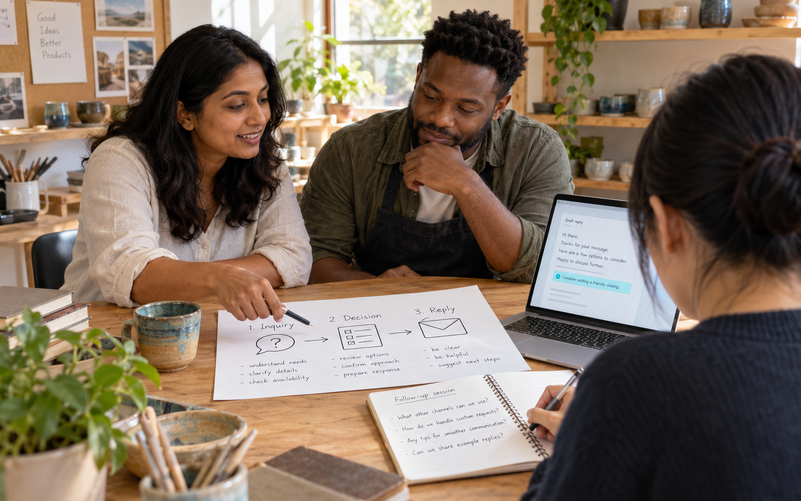 An adviser and craft-business owner discuss a fictional customer-response plan while another learner records questions for a follow-up session.