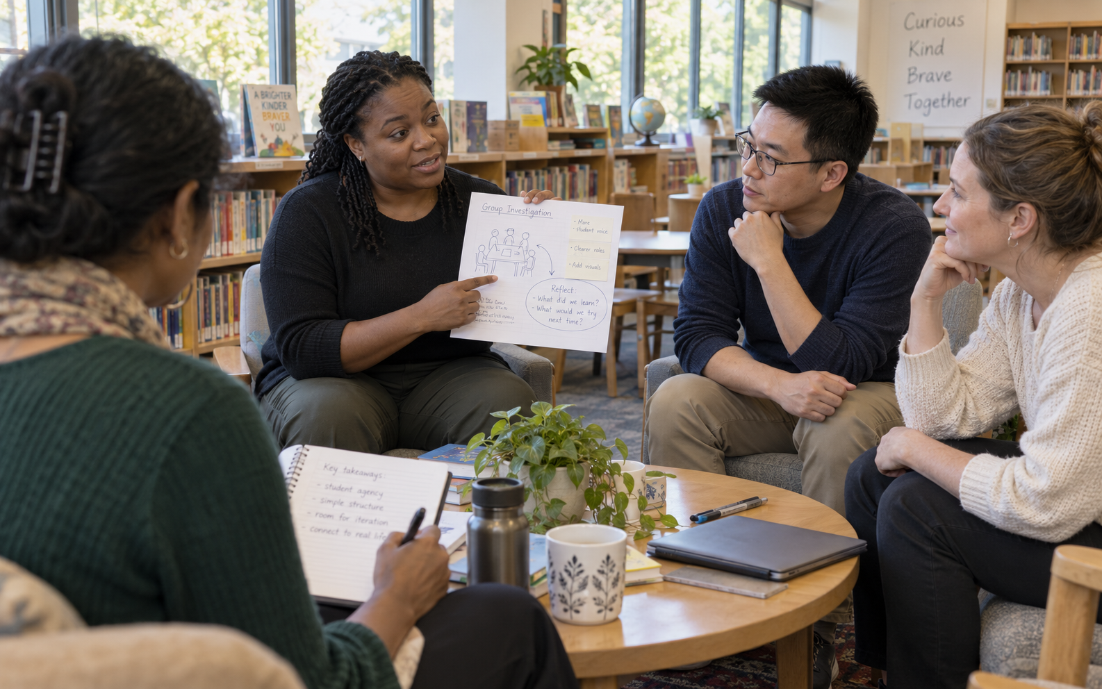A teacher explains an annotated classroom activity to colleagues while a facilitator records reflections in a school-library discussion circle.
