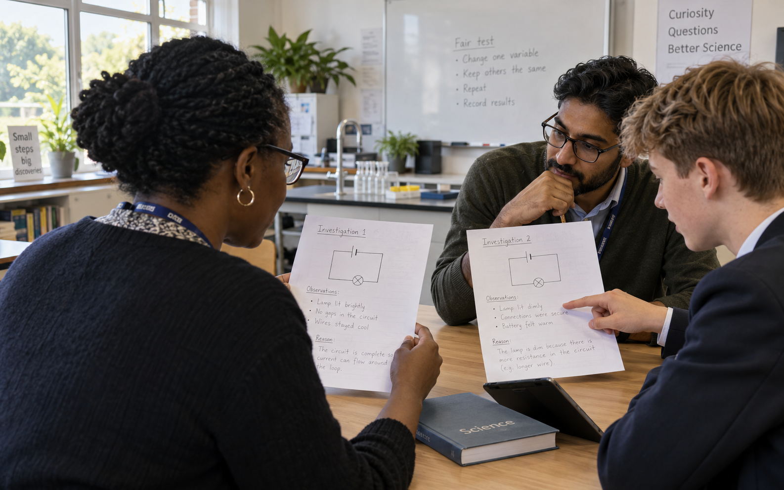 Two educators and a learner compare circuit experiment sketches and written observations in a science classroom.