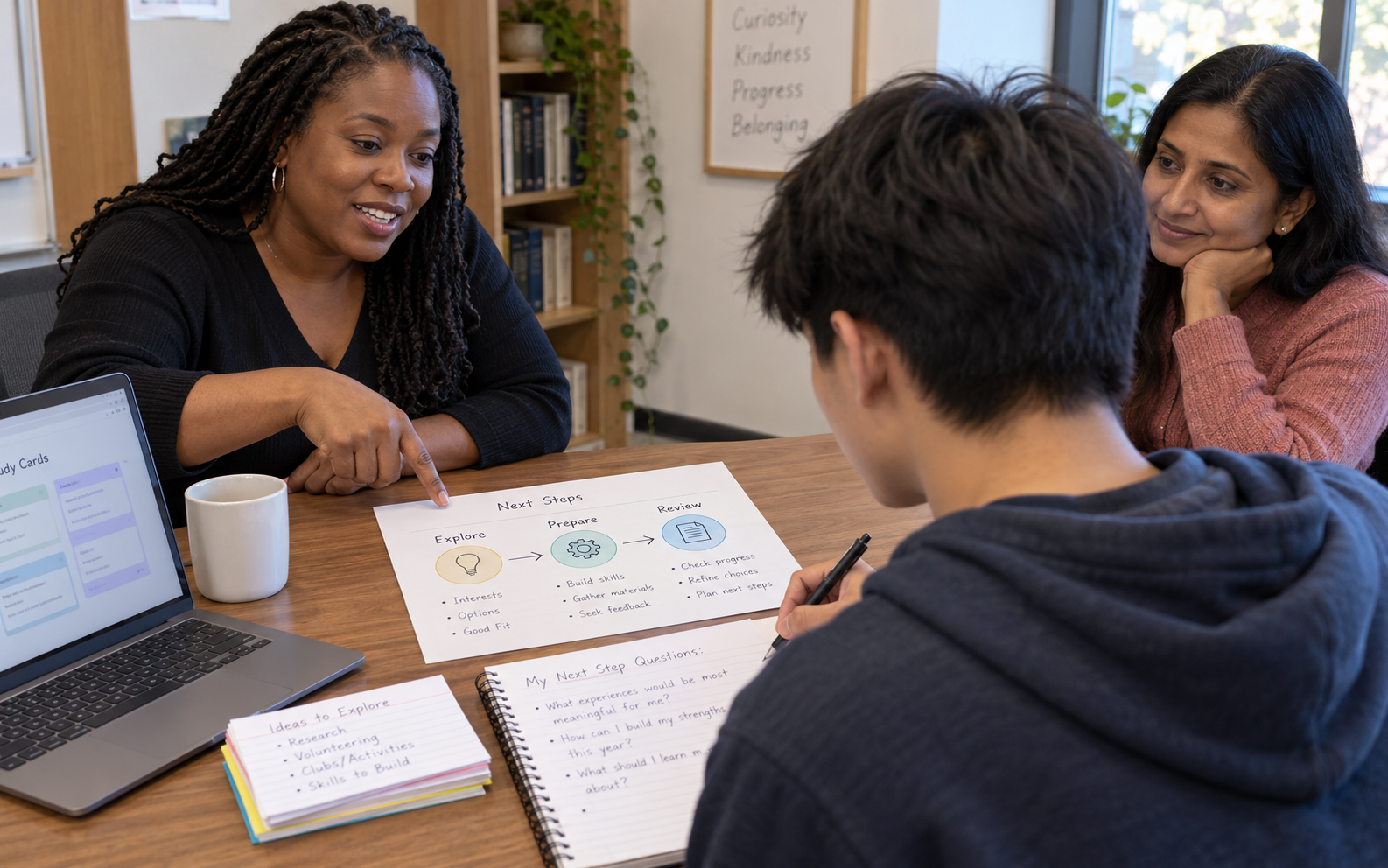 A counsellor and parent help a teenager review a next-step planning sheet and study cards while he records questions.