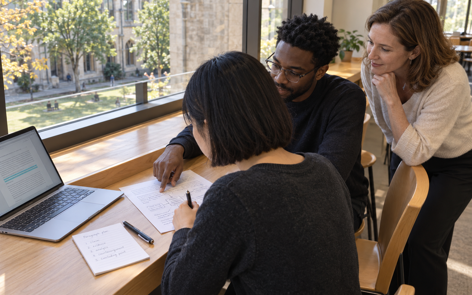 A student drafts an essay at a window ledge while a peer points to an argument map and a lecturer observes.