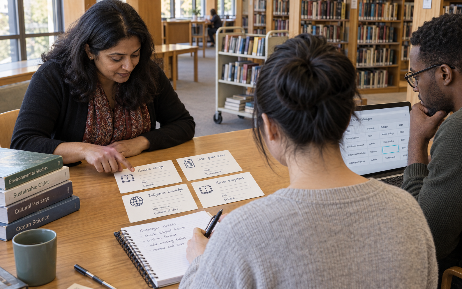 A librarian and two adult students sort resource cards and check missing catalogue fields while recording metadata notes.