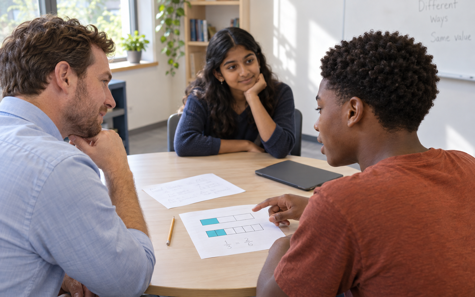 A student explains equivalent fraction bars to a listening teacher and classmate, with a tablet set aside.