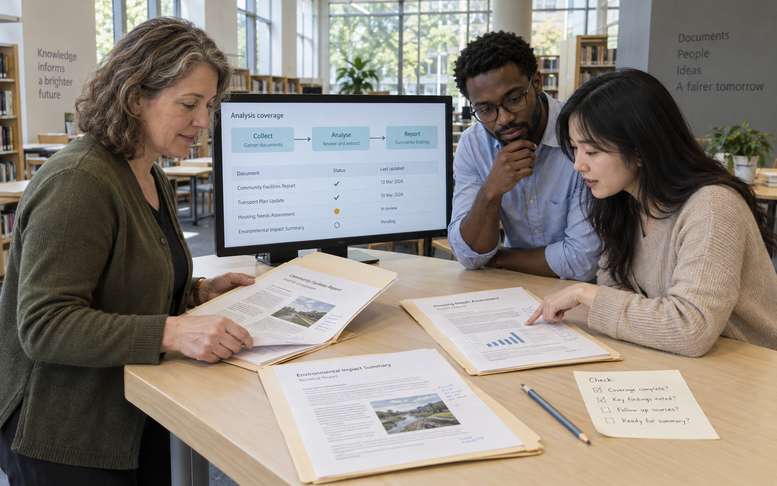 A librarian and two university researchers compare annotated public reports with a monitor showing document-analysis coverage and unresolved items.