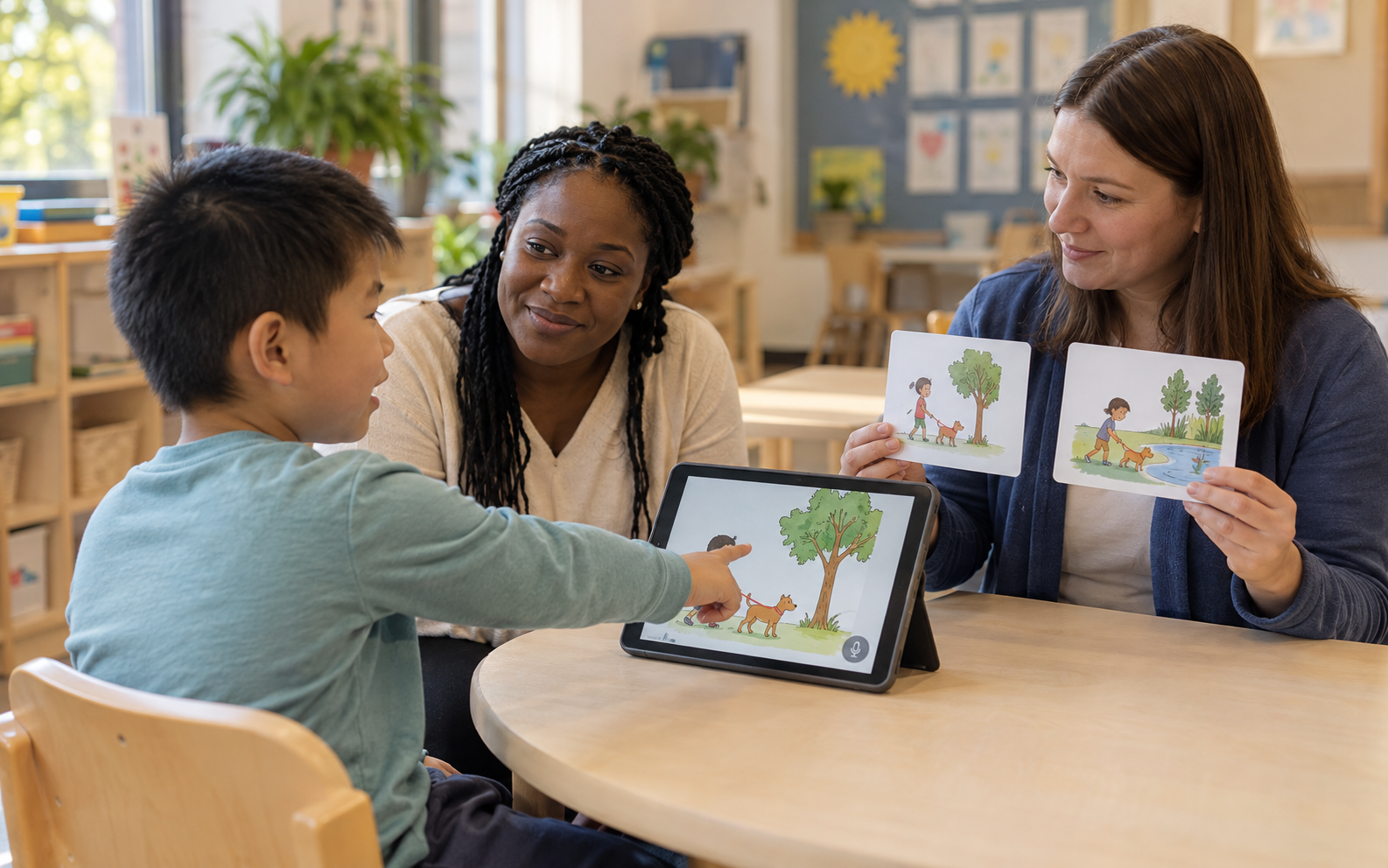 A child chooses between illustrated story settings while a teacher listens and an assistant presents two picture cards beside a tablet.