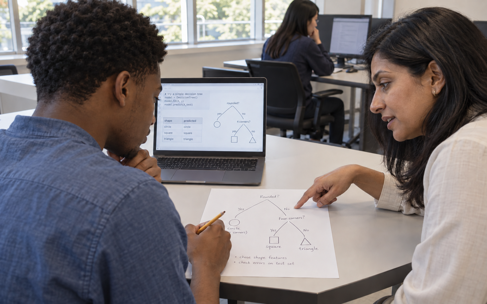 A university student explains a simple shape-classification decision tree to a lecturer during a supportive coding assessment conversation.