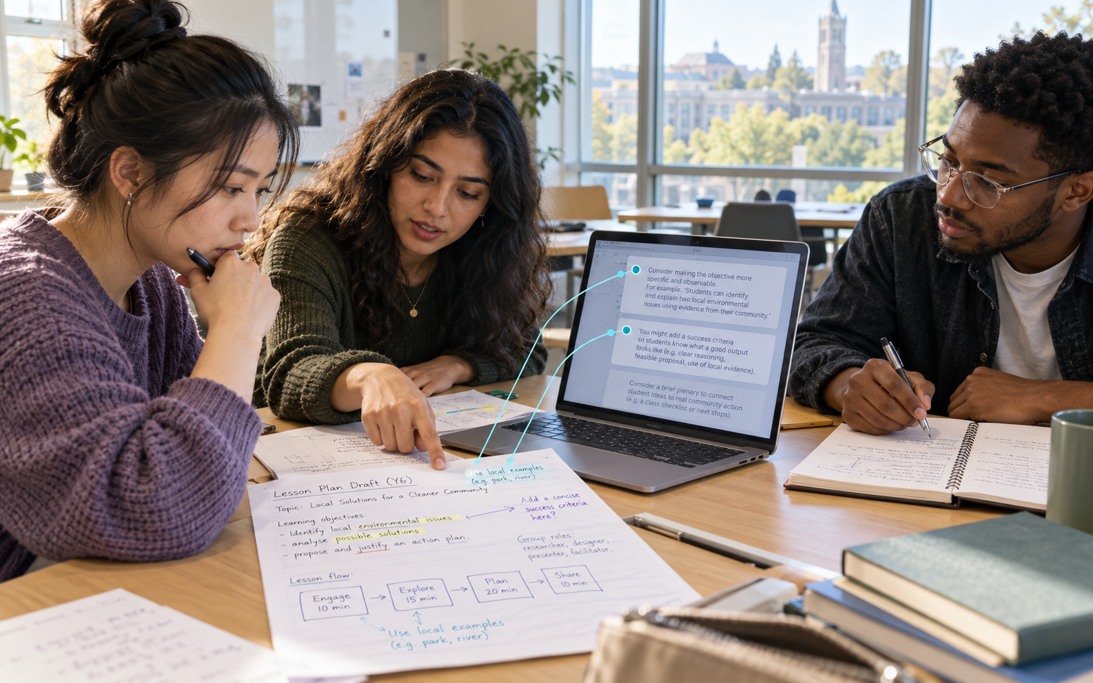 Three university learners discuss an annotated lesson plan and AI feedback on a laptop in a sunlit seminar room