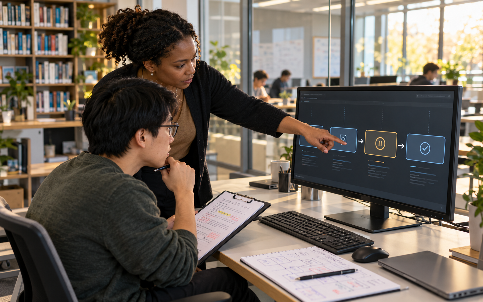 A Black software instructor and an East Asian education student examine a simple request timeline beside an annotated reading excerpt in a bright university development lab