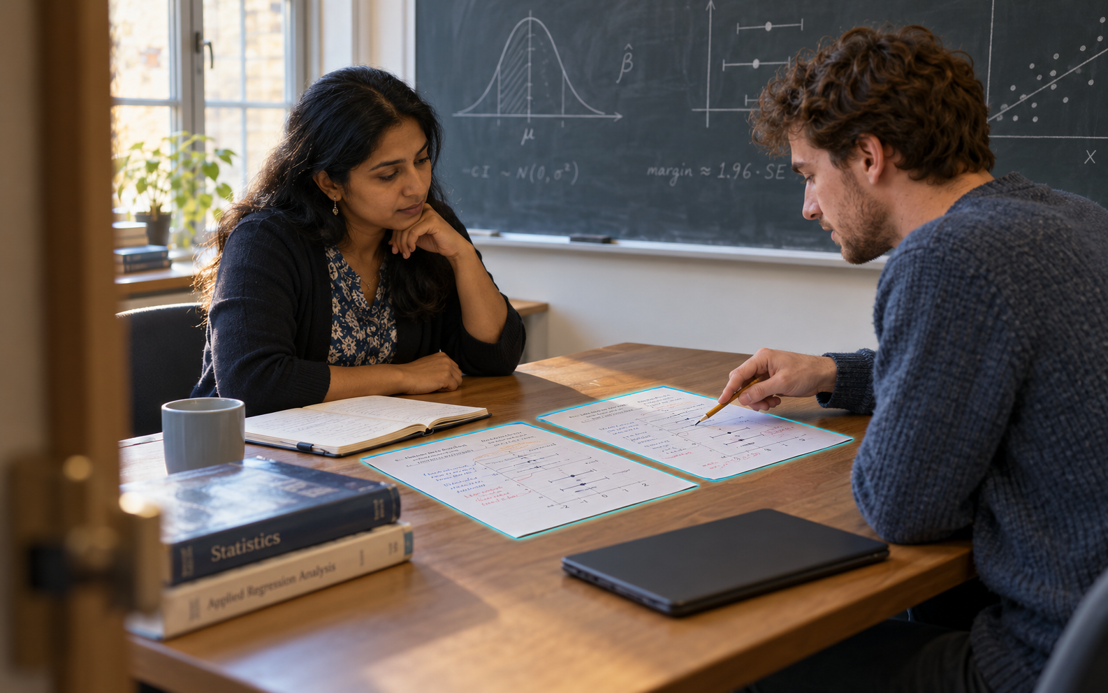 A South Asian female lecturer and a White male university student examine two differently annotated statistics feedback sheets beside a hand-drawn confidence-interval diagram