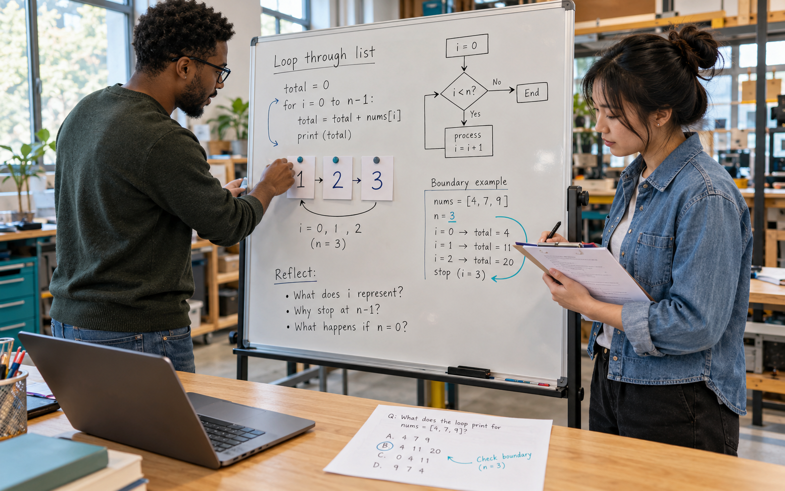 A Black male programming student and an East Asian female peer trace a loop on a small whiteboard while revising a printed multiple-choice question in a university maker room