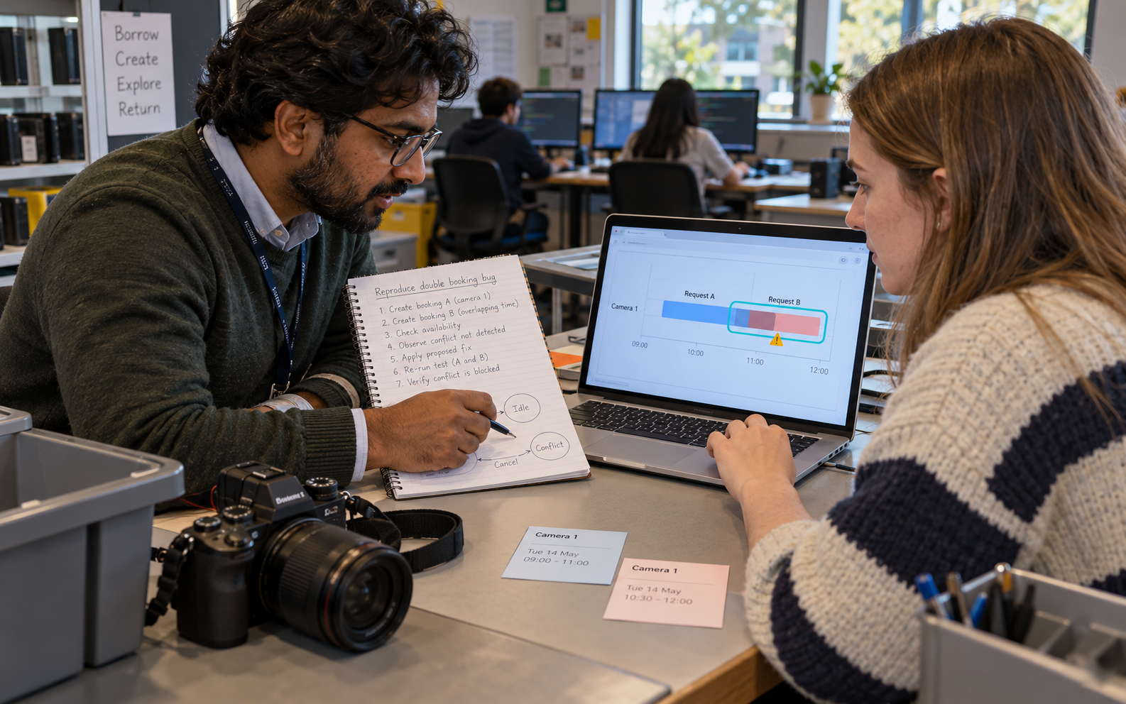 A South Asian programming lecturer and a white student test a small equipment-booking application beside handwritten bug-reproduction steps in a warm computer classroom