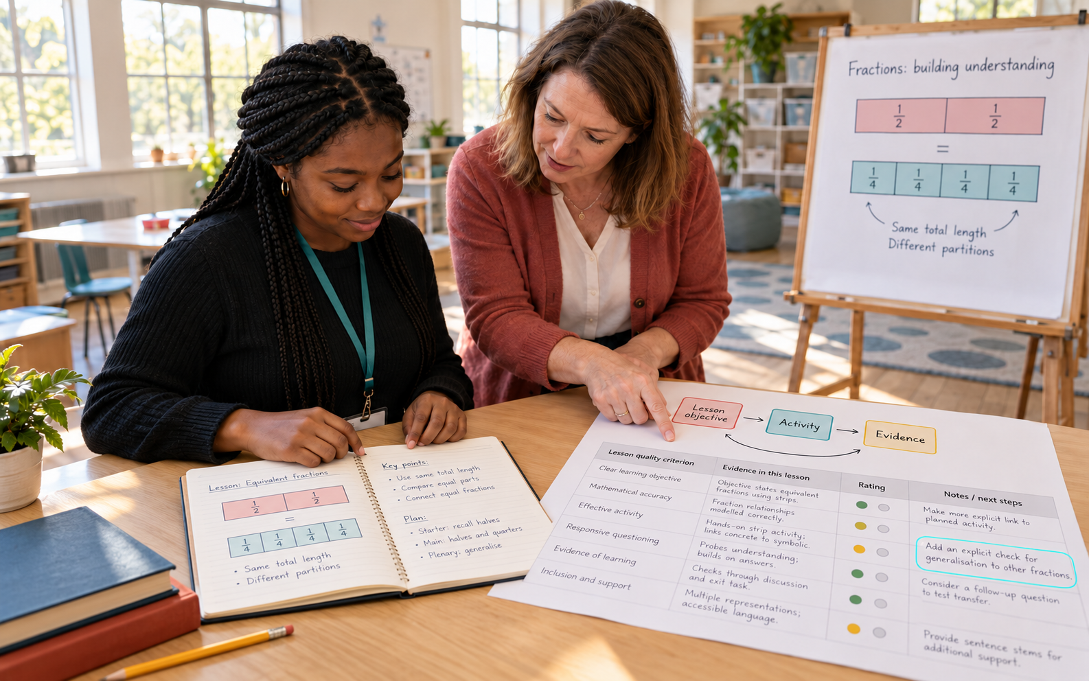 A White woman teacher educator and a Black female trainee review an annotated lesson-planning notebook and a marked assessment rubric beside an equivalent-fractions classroom diagram