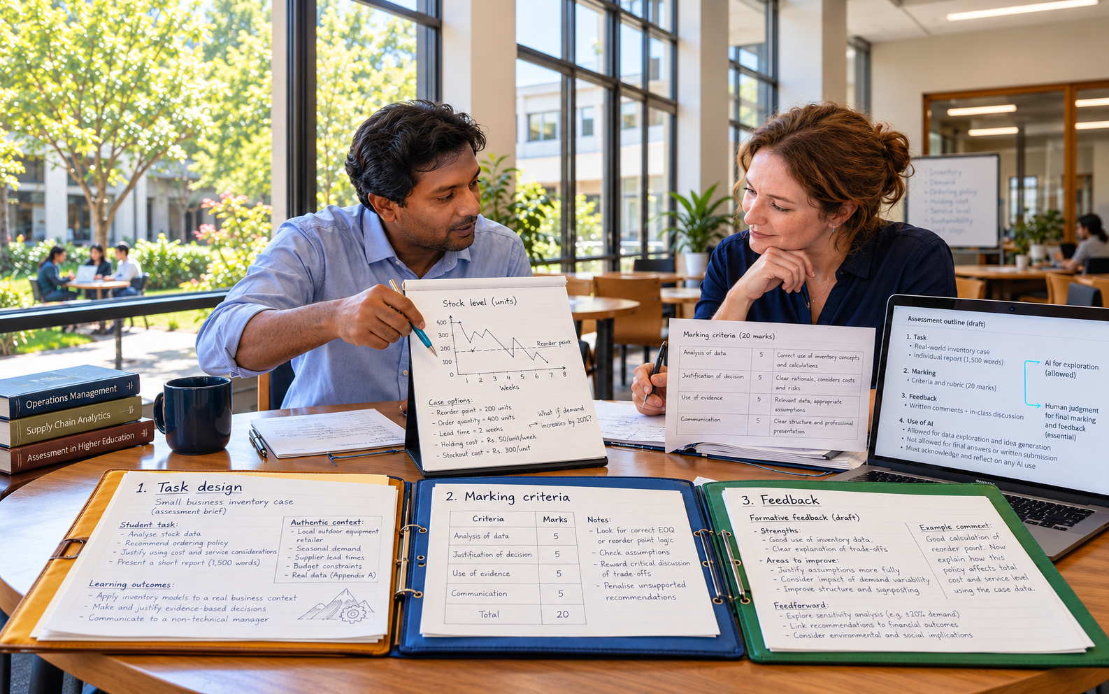 A Sri Lankan management lecturer and a White female colleague review a small-business inventory case, a simple stock chart, and marking criteria in a bright faculty meeting room