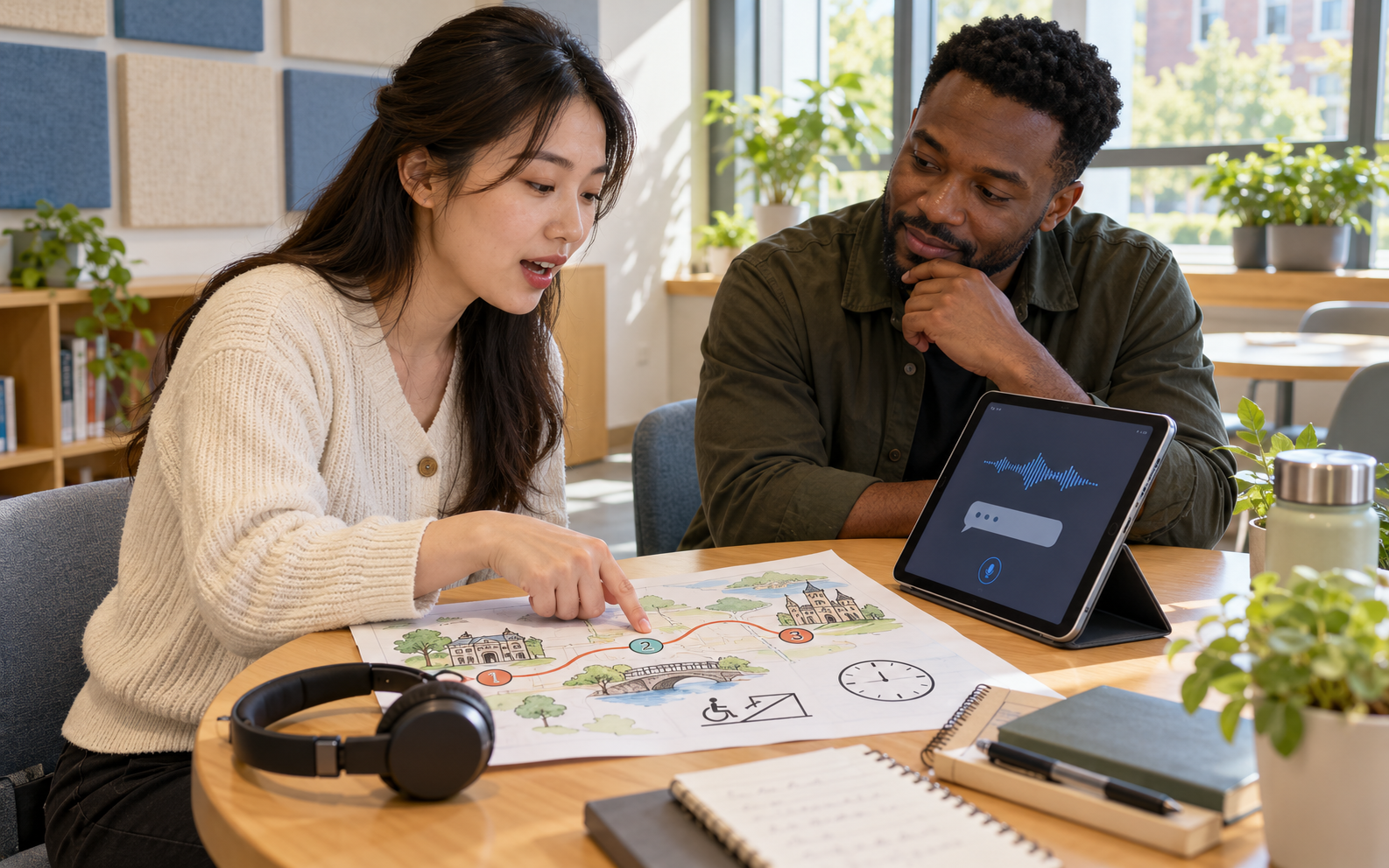 A Korean adult learner and a Black language tutor practise an excursion-planning conversation with a tablet and a clearly sketched route map in a sunny language studio