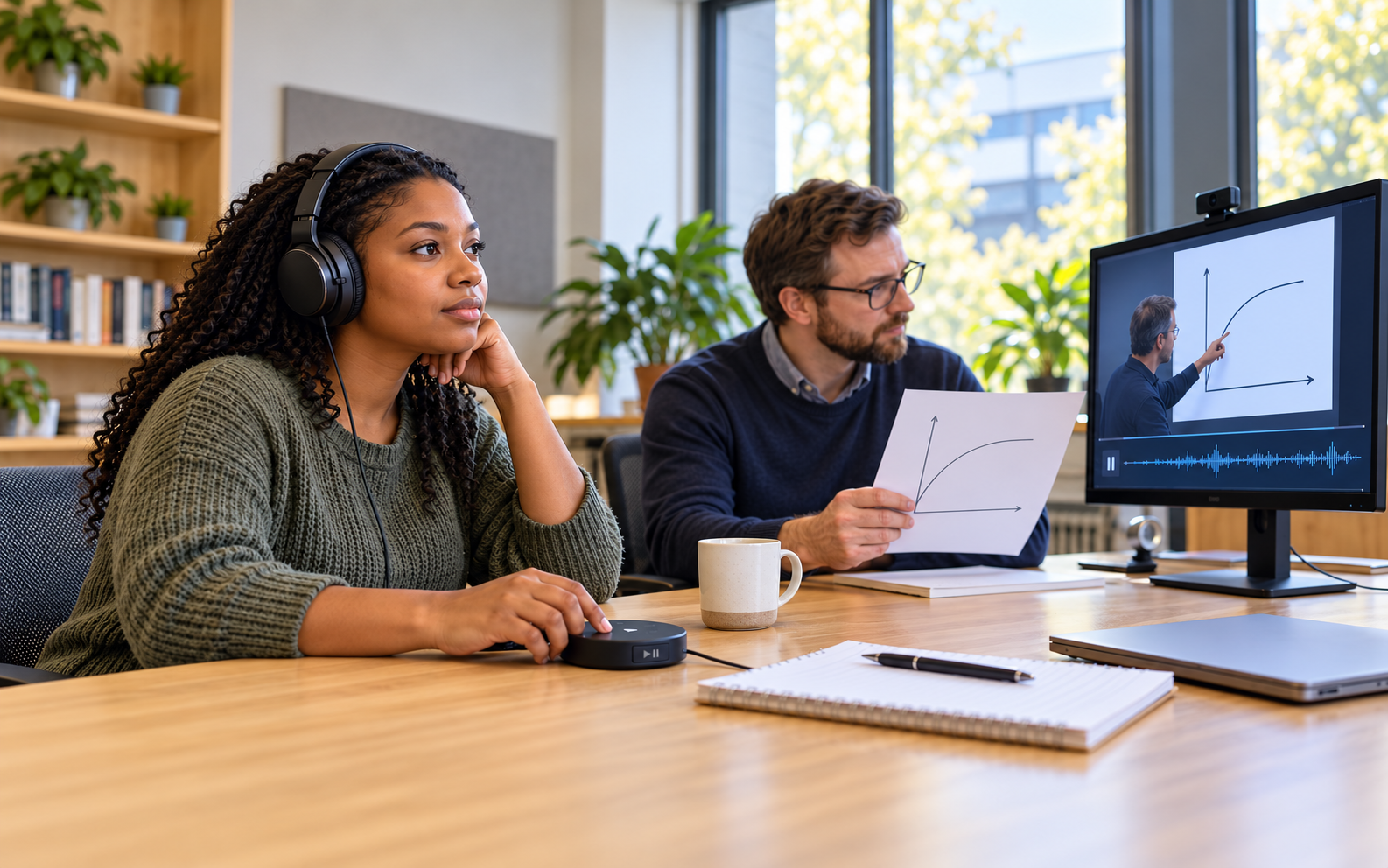 A Black female university student listens through headphones and uses a physical playback control while a White male accessibility specialist reviews a graph and lecture monitor nearby
