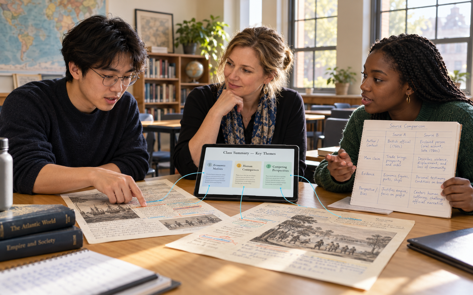 A white history teacher and two students with East Asian and Black backgrounds discuss annotated archive sources beside a tablet showing a simple class-summary panel