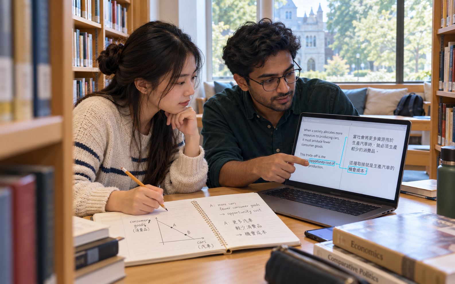 An East Asian female university student and a South Asian male language tutor compare bilingual economics notes and two AI explanations in a sunlit campus language centre