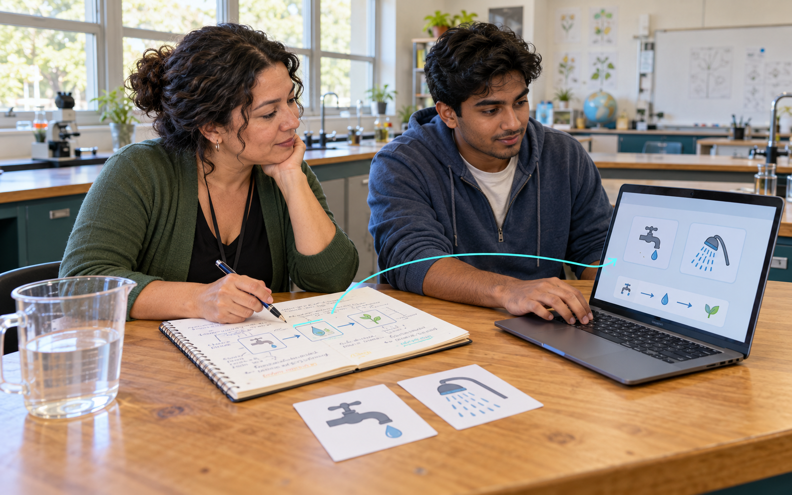 A Latina science teacher and a South Asian student compare a water-conservation activity prototype on a laptop with an annotated flow-diagram notebook, with a measuring jug apart from the computer
