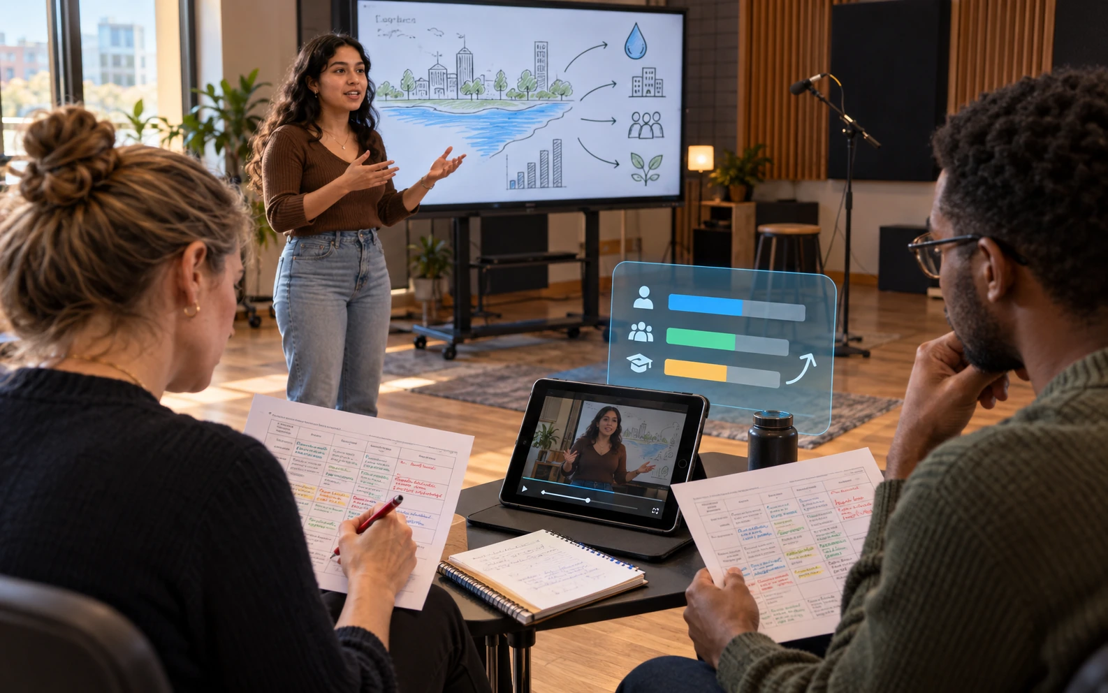 A university learner rehearses a presentation about water use while an instructor and a peer compare rubric annotations with a recording on a tablet