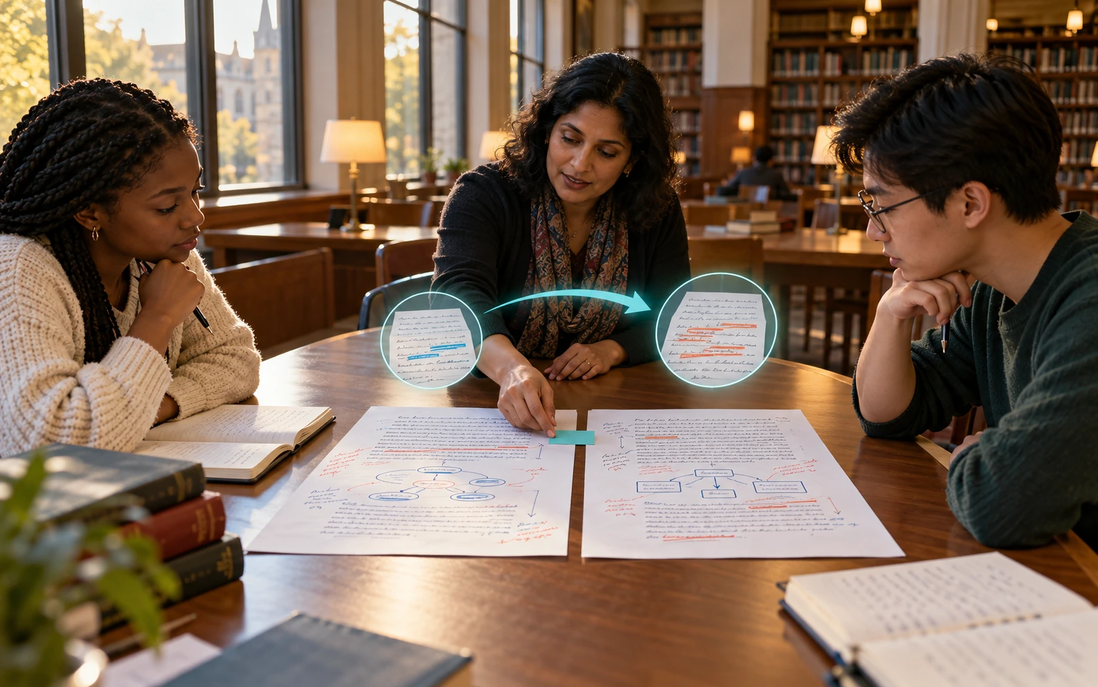 يقارن مدرس الكتابة واثنين من المتعلمين الجامعيين مسودات الفقرات المشروحة المتعاقبة على طاولة ندوة كبيرة، مع وجود رابط مرئي مقيد بين أولويات المراجعة المتغيرة